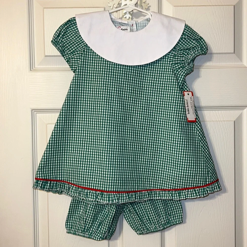 NWT Jack & Teddy girls 4T green checked bloomer set. Perfect for monogramming! - Picture 1 of 4